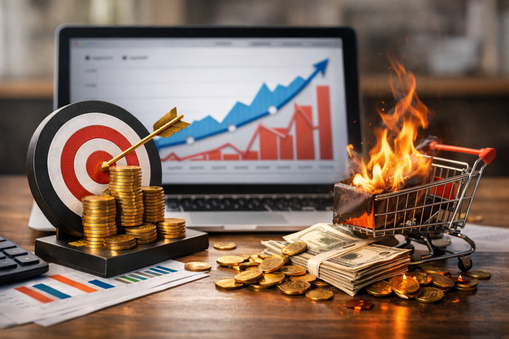 Cible, pièces d'or et chariot en feu devant un graphique