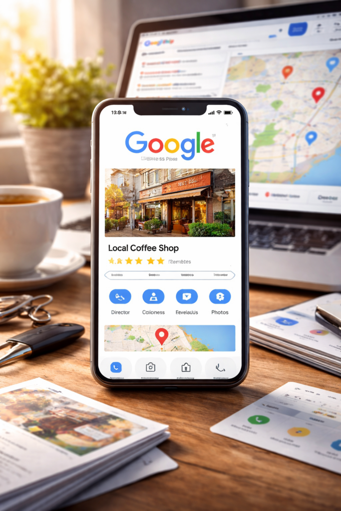 Smartphone affichant une fiche Google Business Profile locale.