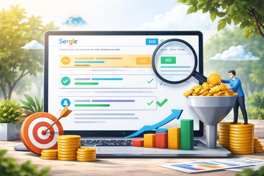 Ordinateur affichant des publicités avec graphiques et pièces d'or.