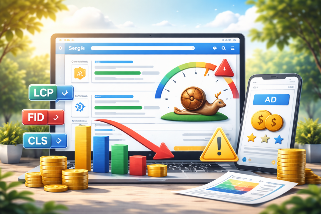 Escargot sur une jauge de vitesse avec logos Web Vitals.