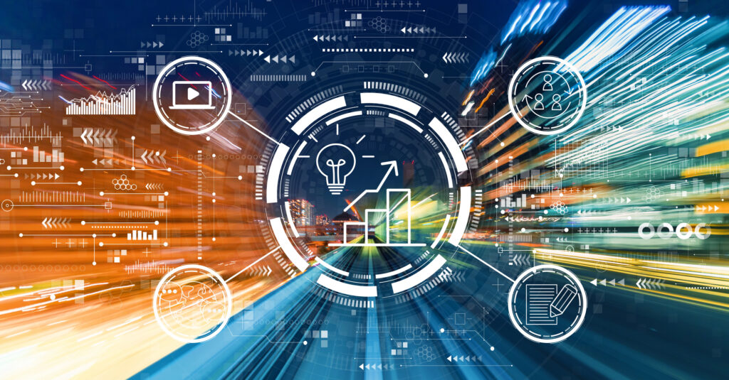 Interface futuriste affichant des icônes de croissance et d'analyse