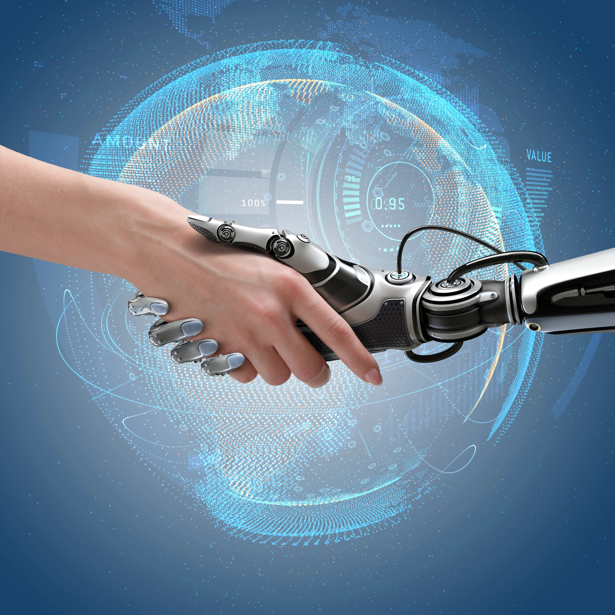 Poignée de main entre un humain et un robot devant un globe