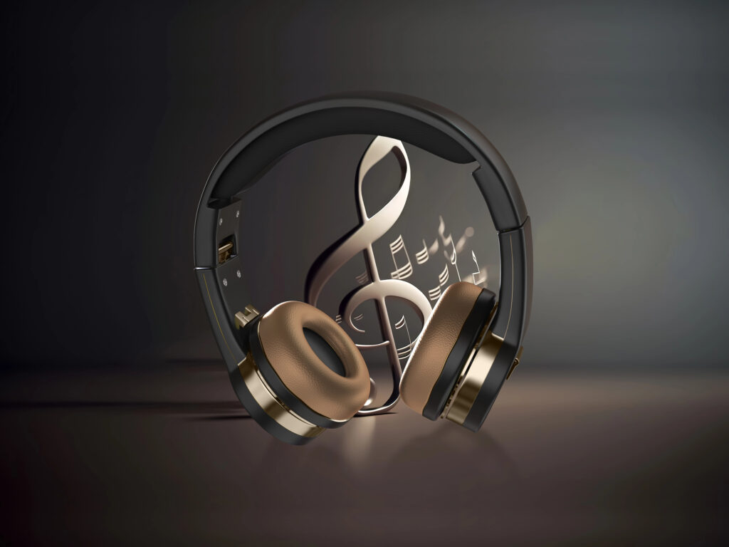 Casque audio élégant entourant une clé de sol métallique