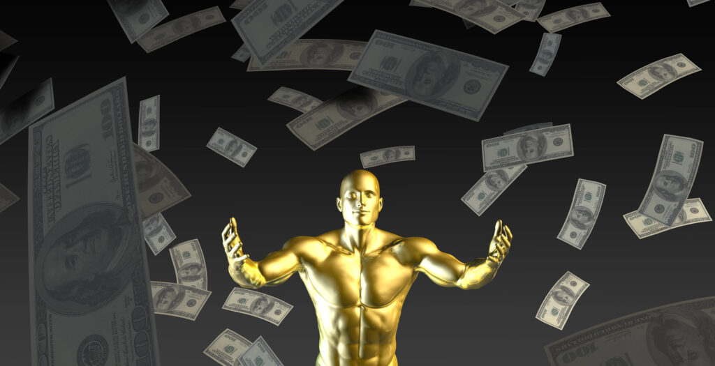 Statue d'homme doré entourée de billets de banque volants