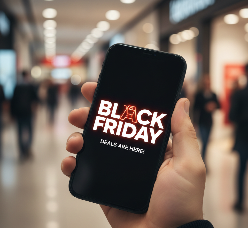 Main tenant un smartphone affichant une promotion Black Friday
