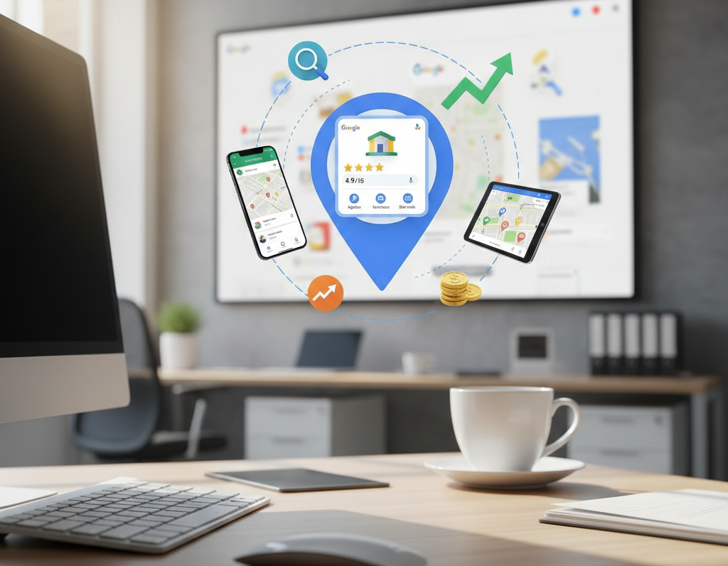 Icône Google Maps flottante entourée d'appareils et de graphiques