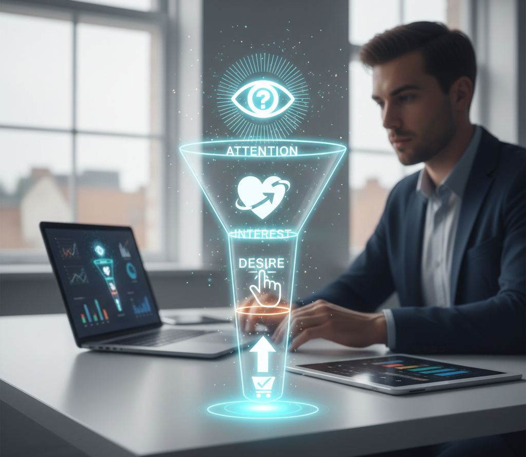 Homme d'affaires devant un entonnoir de vente holographique.