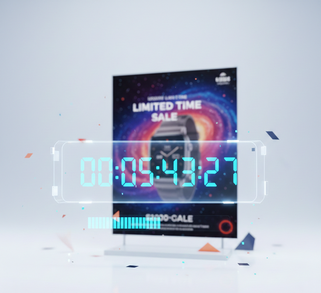 Compte à rebours numérique devant une publicité de montre