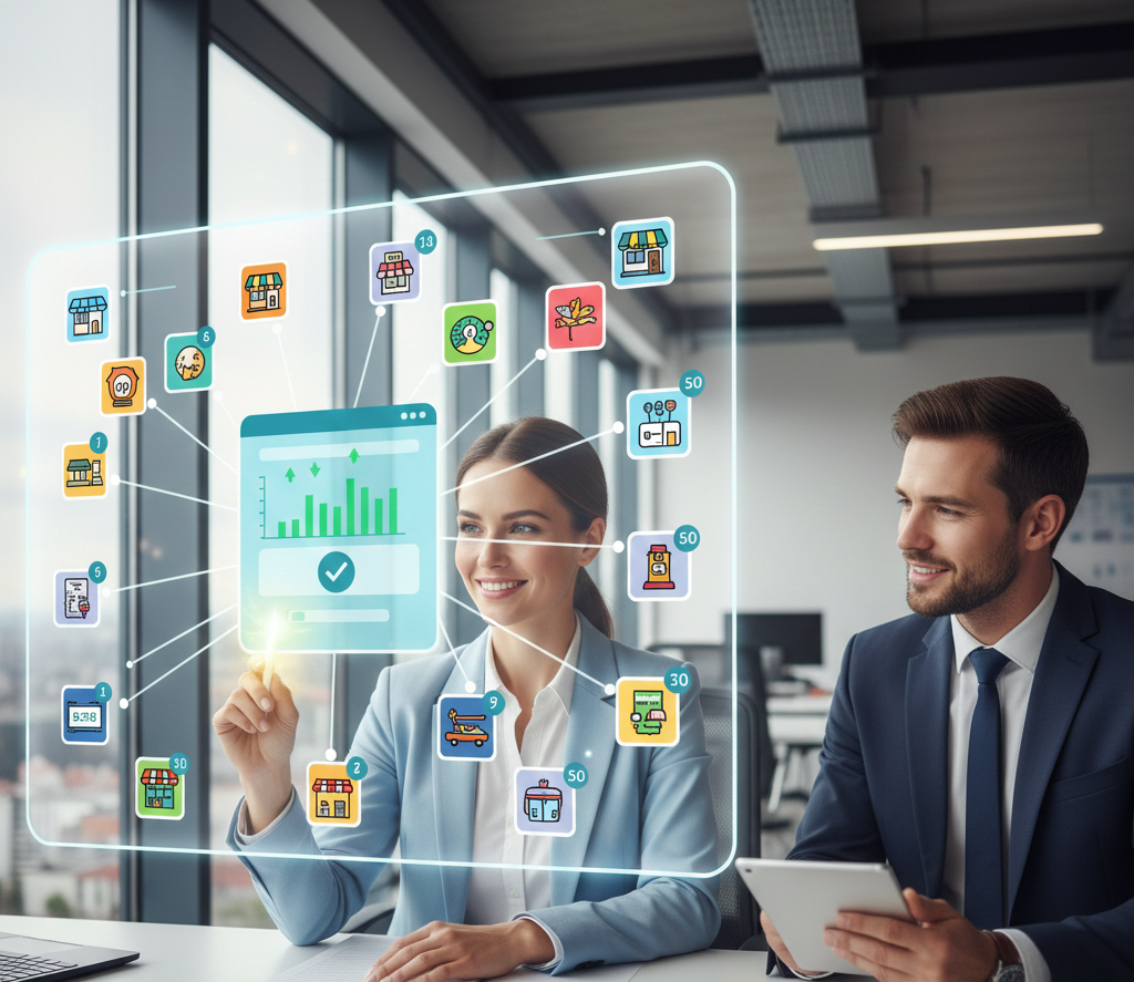 Des professionnels gèrent plusieurs points de vente via une interface numérique