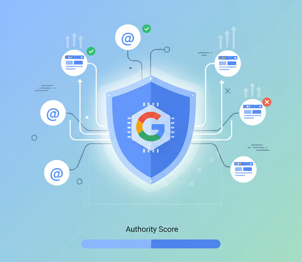 Illustration d'un score d'autorité Google avec bouclier protecteur