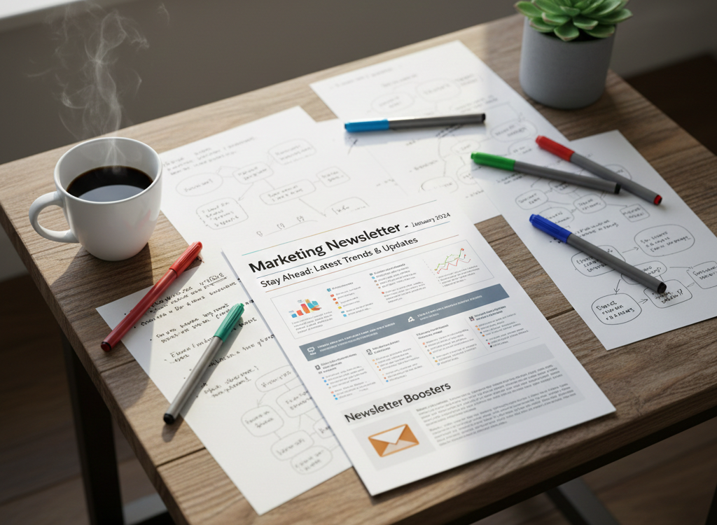 Newsletter marketing et schémas stratégiques sur un bureau