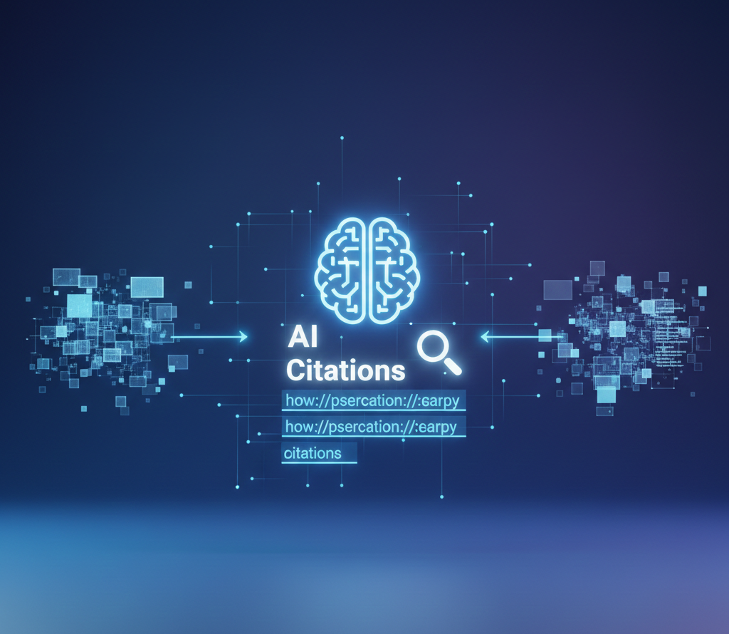 Cerveau lumineux entouré de données et du texte "AI Citations"