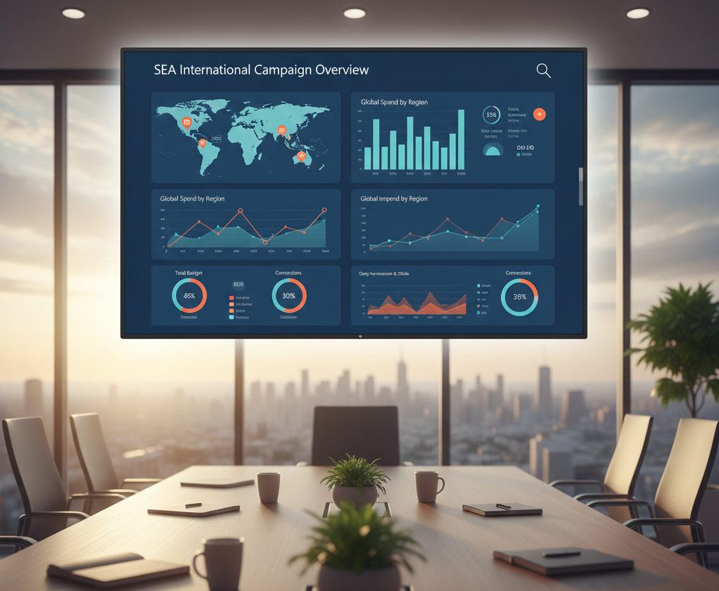 Écran de réunion affichant un rapport de campagne SEA