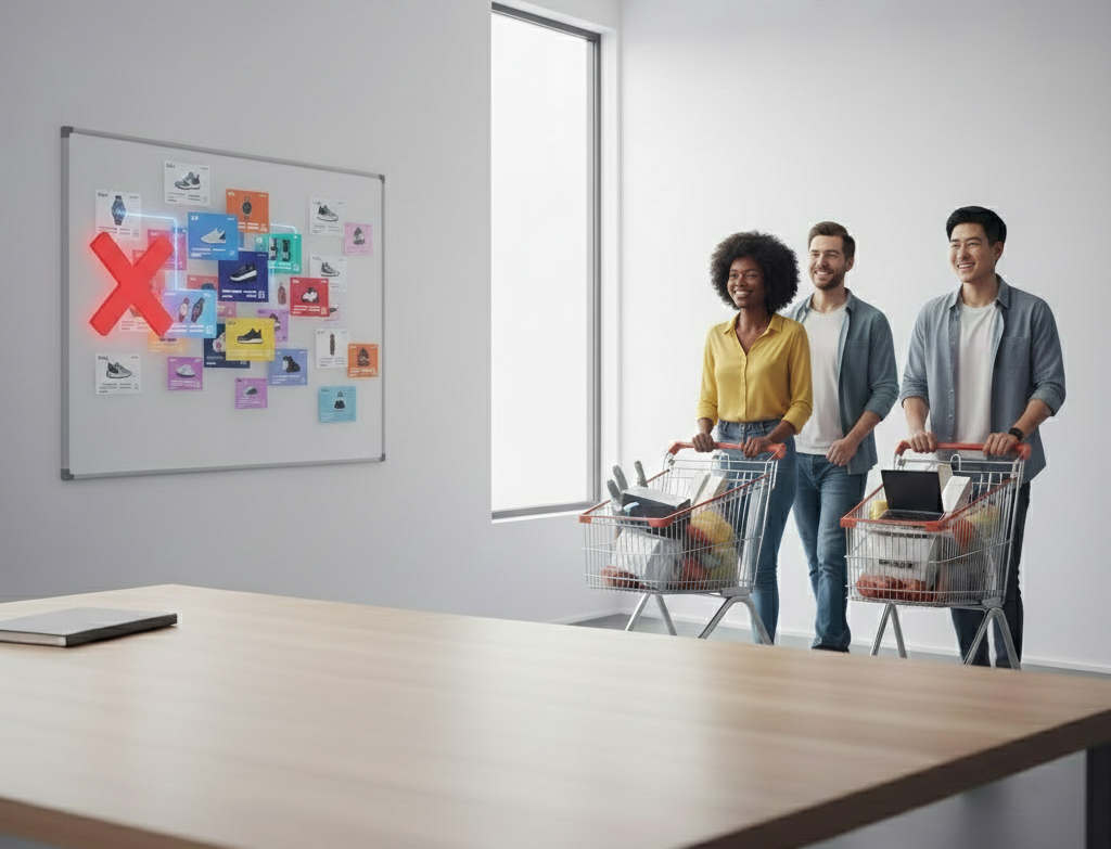 Trois personnes avec des caddies devant un tableau d'affichage.