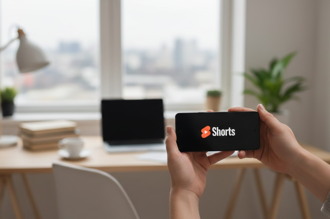 Utilisatrice locataire d'un smartphone avec le logo YouTube Shorts