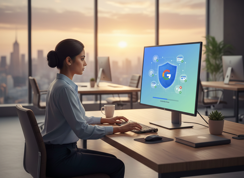 Utilisatrice analysant le score d'autorité Google au bureau