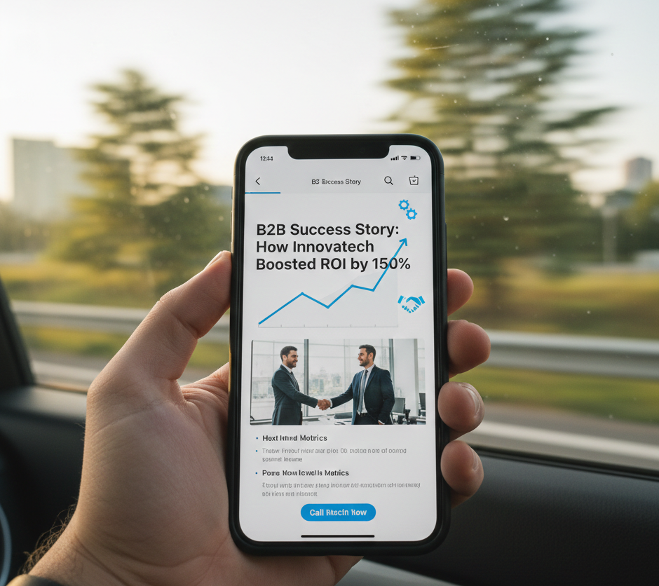 Smartphone affichant une success story B2B et un ROI élevé