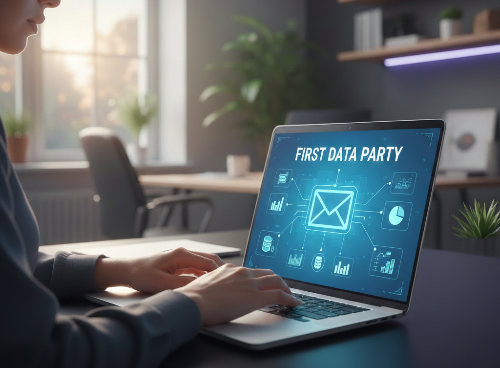 Femme utilisant un ordinateur affichant « First Data Party »