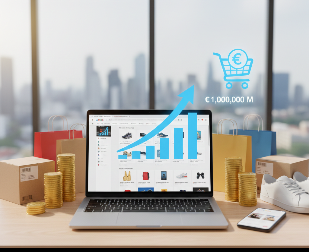 Ordinateur avec graphique de croissance et sacs de shopping