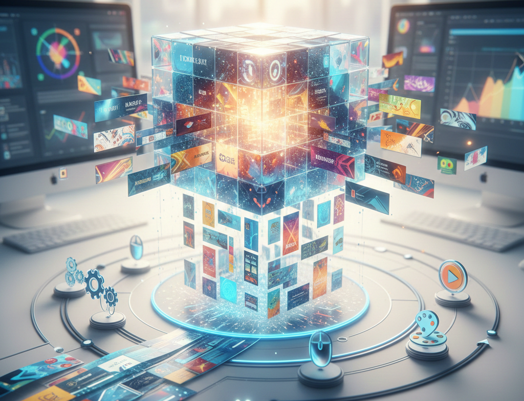 Cube numérique lumineux entouré de données et d'écrans futuristes