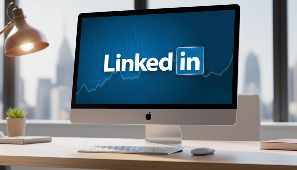 Logo LinkedIn affiché sur l'écran d'un ordinateur de bureau.