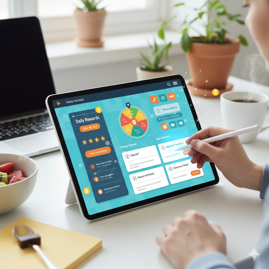 Interface numérique de récompenses quotidiennes sur une tablette tactile