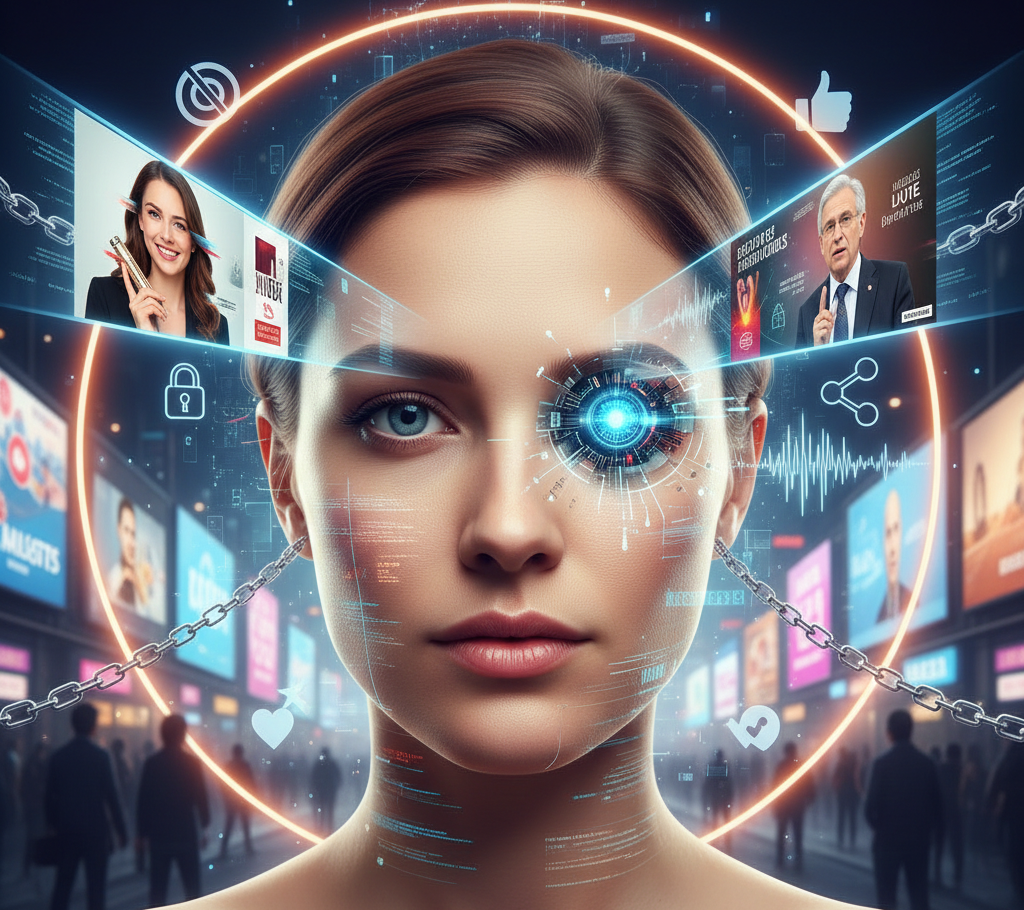 Portrait d'une femme avec interface numérique et œil bionique.