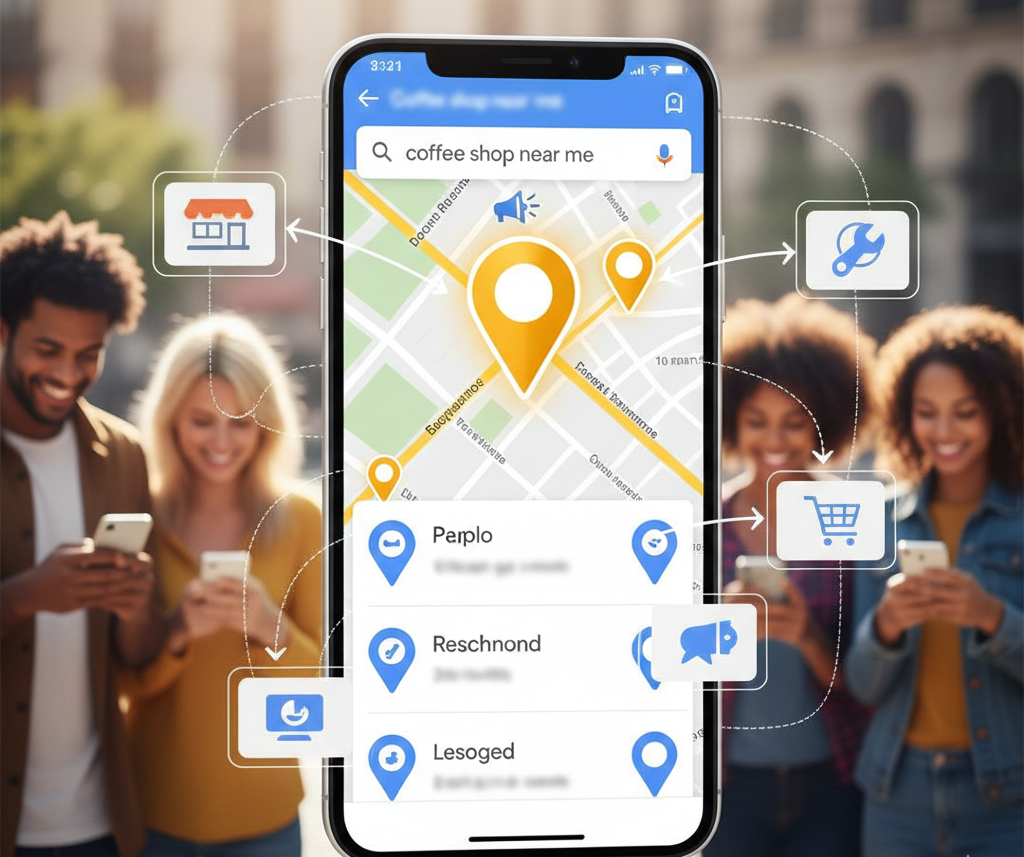 Smartphone affichant une carte locale avec des personnes en arrière-plan