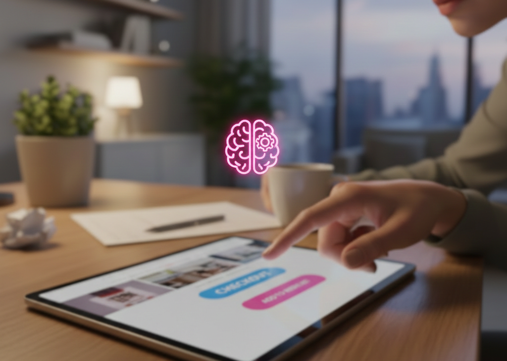 Utilisatrice naviguant sur une tablette avec une icône cerveau