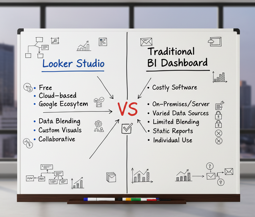Comparaison sur tableau blanc : Looker Studio vs BI traditionnel.
