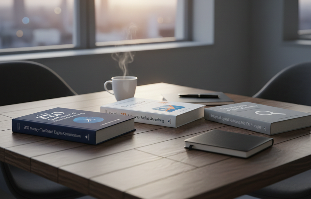Livres de stratégie SEO et SEA sur un bureau