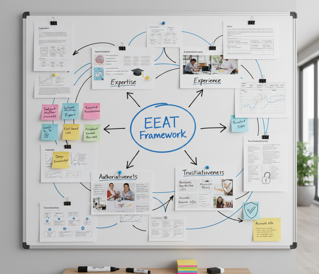Tableau blanc présentant le framework EEAT pour le SEO