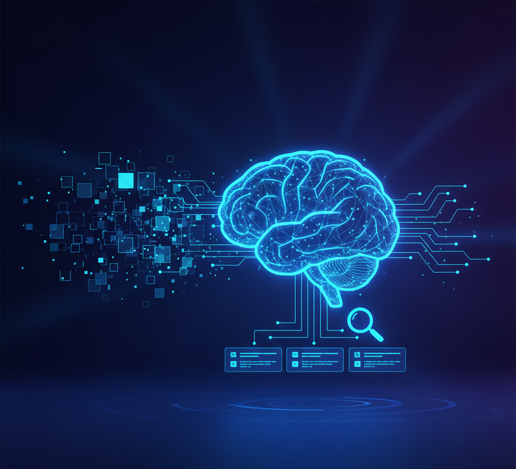 Cerveau numérique connecté à des données et une loupe