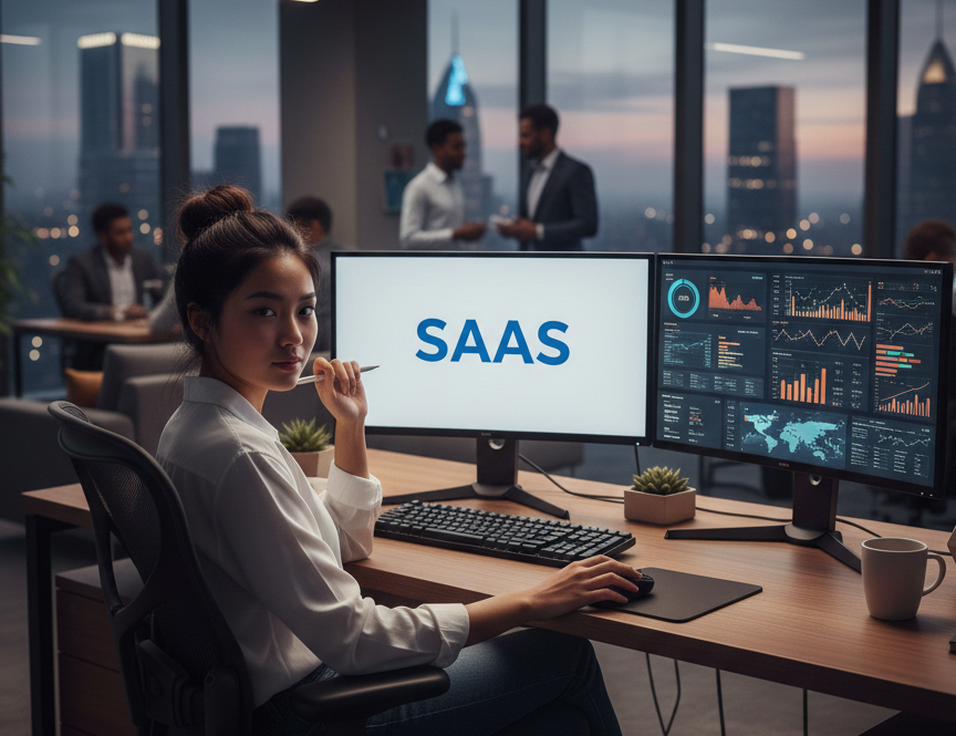 Utilisatrice travaillant sur un tableau de bord SaaS nocturne