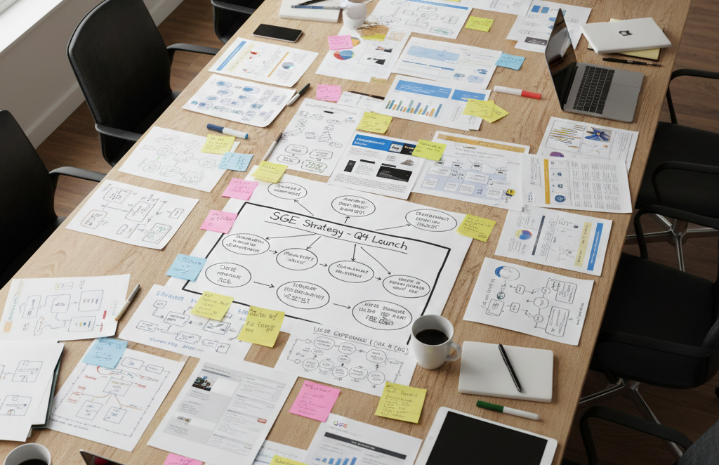 Table de réunion jonchée de documents stratégiques SGE