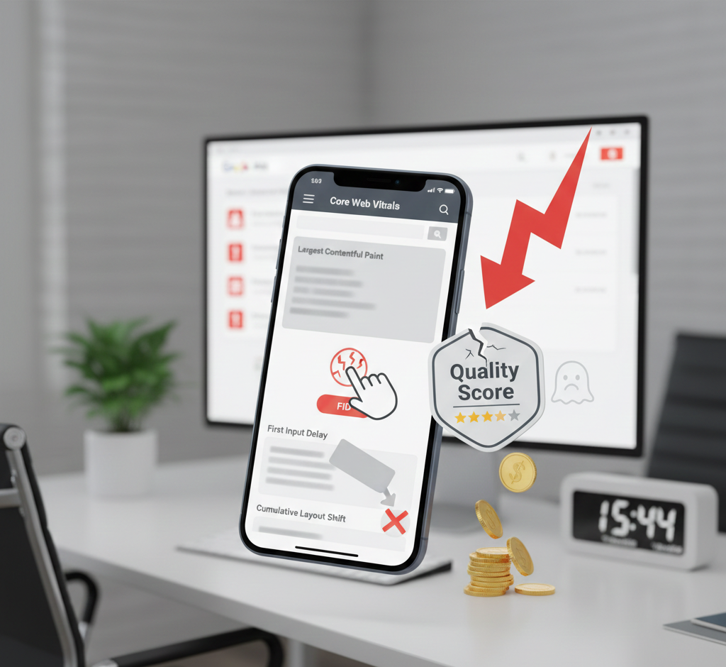 Smartphone affichant Core Web Vitals et un Quality Score brisé