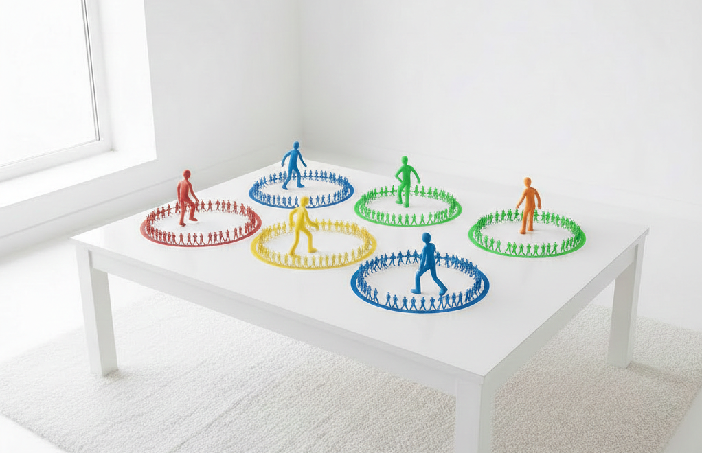 Figurines colorées symbolisant différents groupes ou points de vente