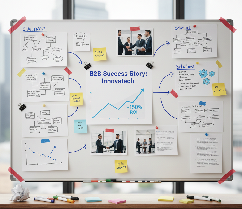 Smartphone affichant une success story B2B et un ROI élevé