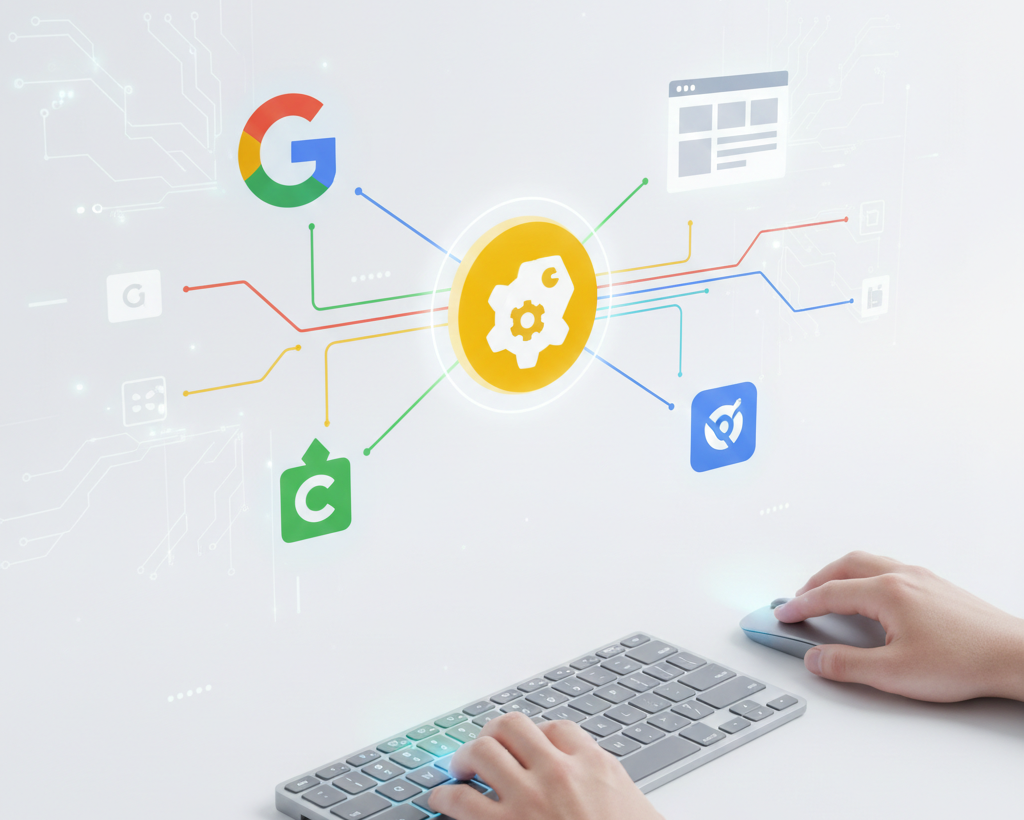 Utilisateur naviguant entre différents outils marketing via un clavier