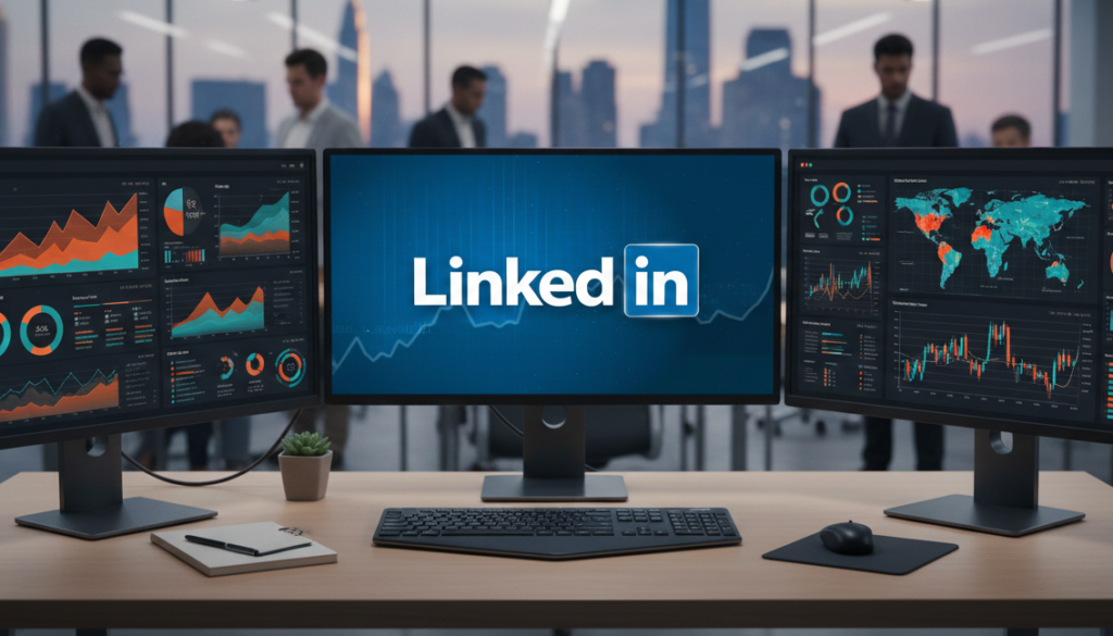 Trois écrans de bureau affichant le logo LinkedIn et des graphiques.