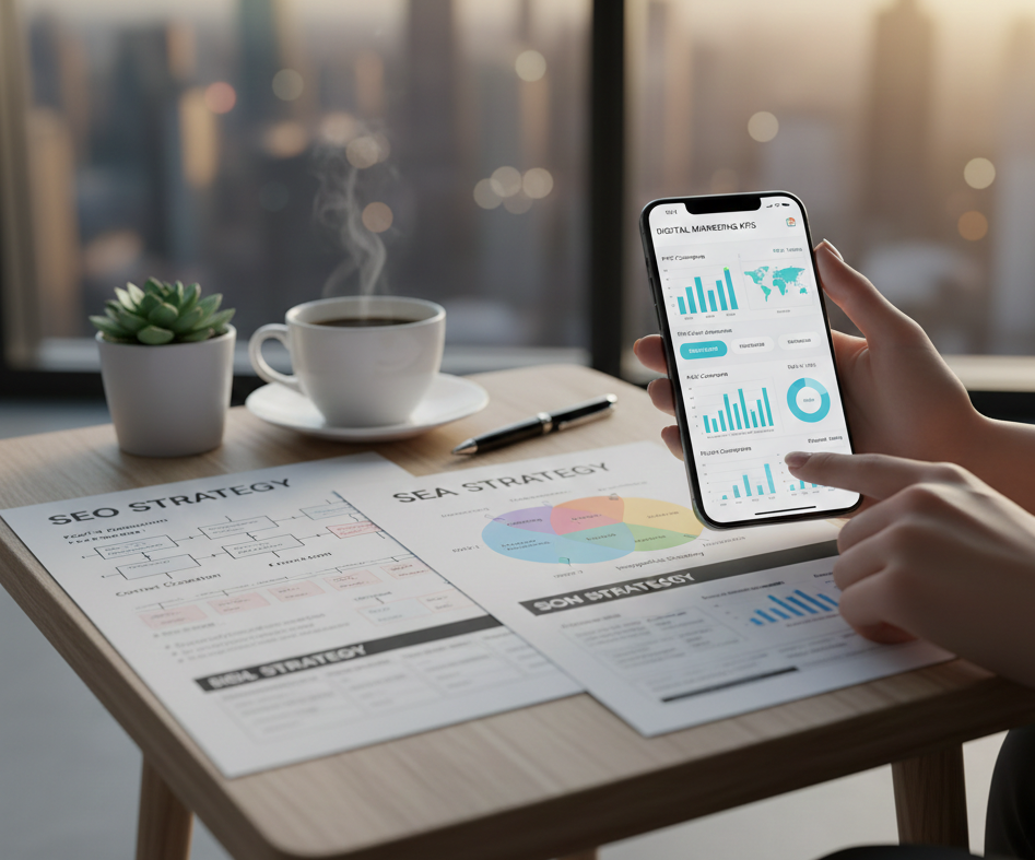 Utilisatrice analysant des KPI marketing sur son smartphone