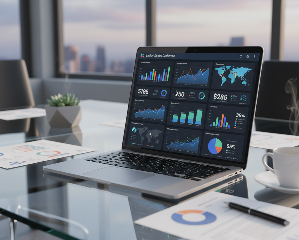 Tableau de bord Looker Studio sur un ordinateur portable.