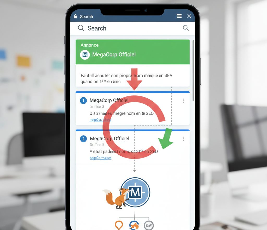 Smartphone affichant une stratégie de marque entre SEA et SEO