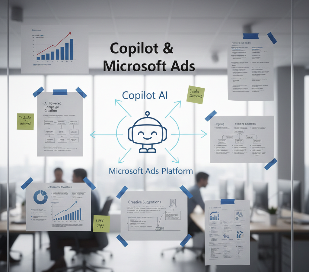 Schéma Copilot AI et Microsoft Ads sur une vitre