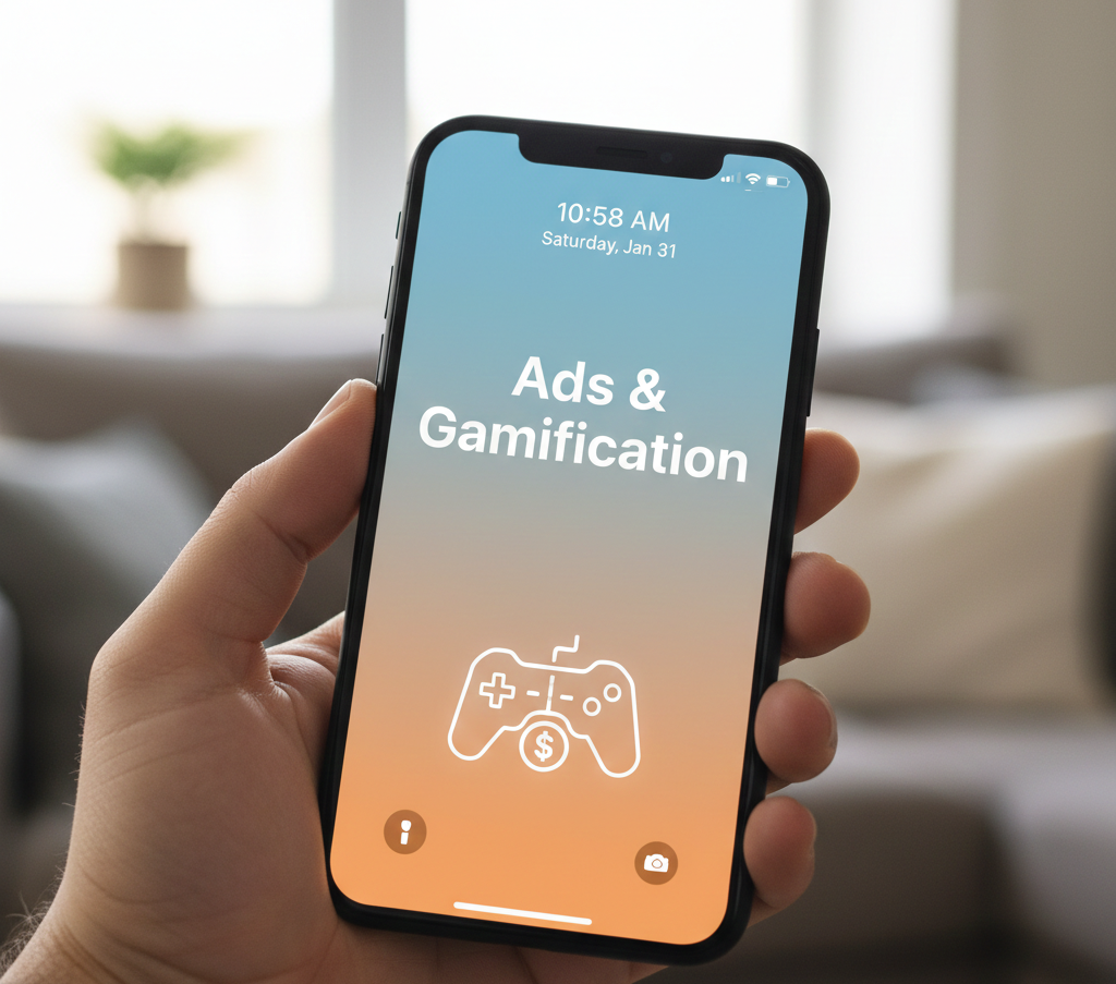 Main tenant un smartphone affichant "Ads & Gamification"