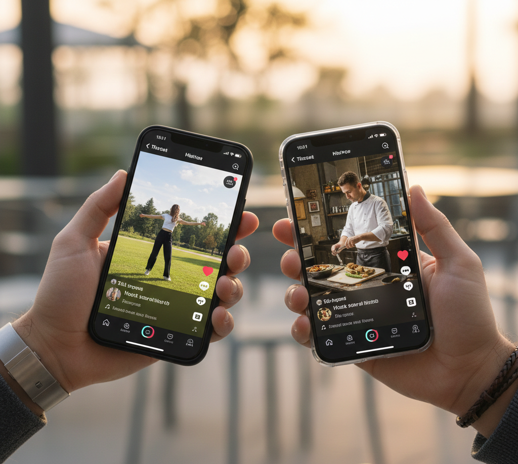 Deux smartphones affichant des vidéos TikTok en extérieur.