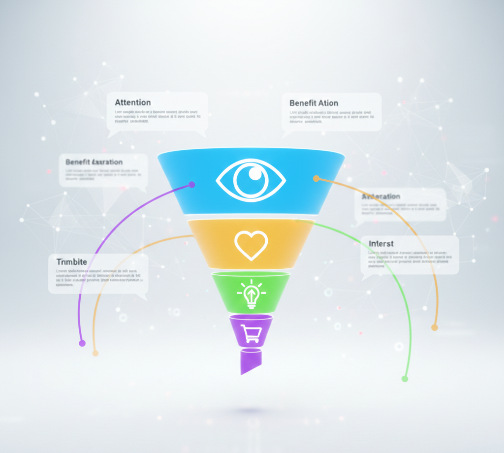 Infographie d'un entonnoir de conversion avec icônes marketing