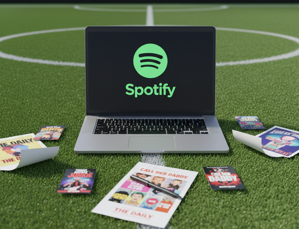 Ordinateur affichant Spotify sur un terrain de sport