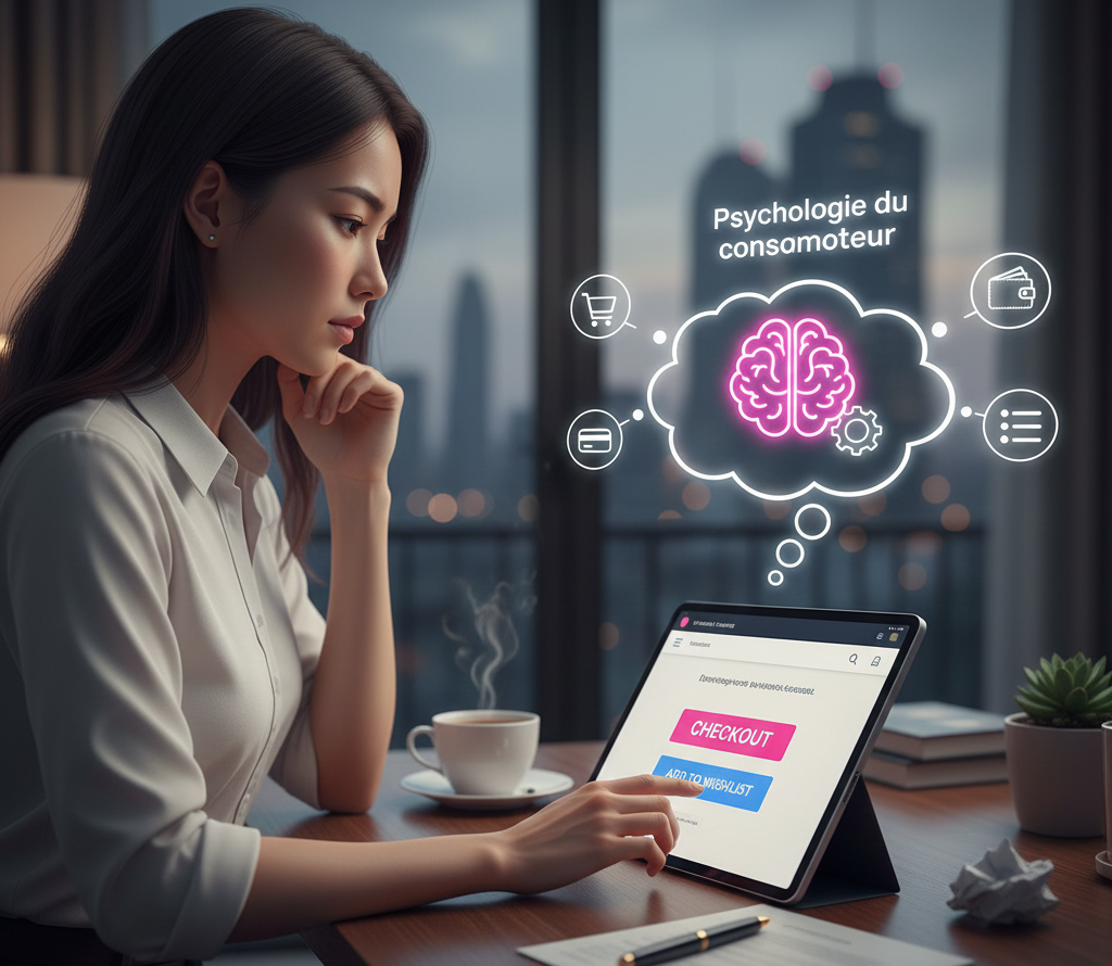 Utilisatrice analysante de la psychologie du consommateur sur sa tablette