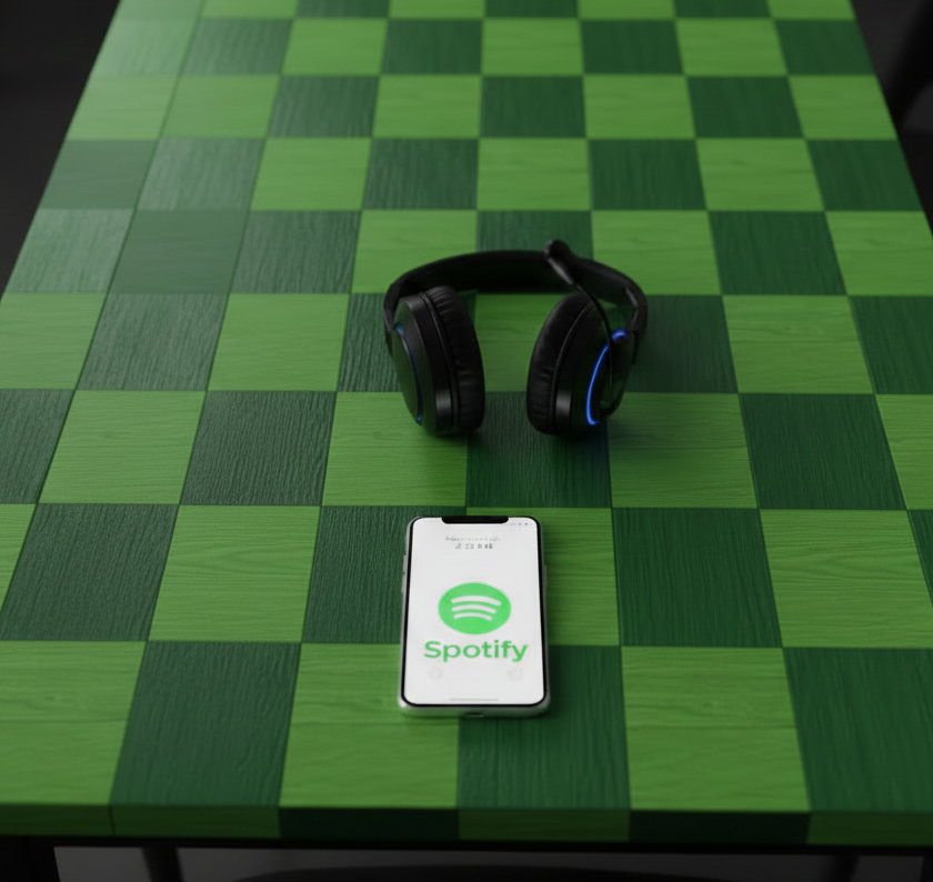 Smartphone affichant Spotify et casque sur une table damier